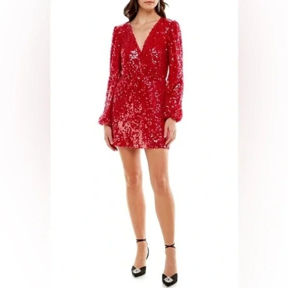WAYF XS Red Sequin Dress Long Sleeve  Holiday Party Washable NEW